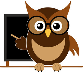Owl with glasses pointing at a chalkboard. silhouette  vector black , white background 