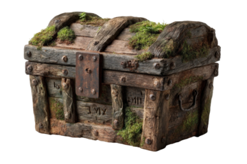 Detailed Vintage Treasure Chest with Moss and Weathered Wood, Ideal for Adventure Themes, Discovery Concepts, and Nostalgic Imagery in Creative Projects