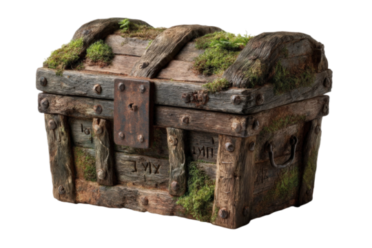 Detailed Vintage Treasure Chest with Moss and Weathered Wood, Ideal for Adventure Themes, Discovery Concepts, and Nostalgic Imagery in Creative Projects