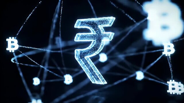 Digital Indian Rupee symbol with Bitcoin and blockchain network, crypto finance concept