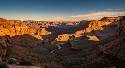 Scenic grand canyon landscape view at sunset with a winding river below cliffs