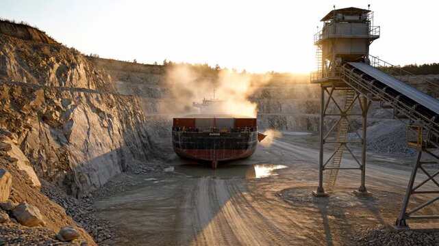 Surreal juxtaposition of a cargo ship in a quarry at sunset, Mining landscape with an unexpected maritime arrival, creating a visual paradox