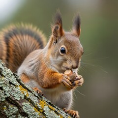 Obraz premium Red squirrel perched on a lichen covered branch eating a nut in natural sunlight