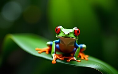 Red Eyed Tree Frog Sitting on Leaf in Lush Jungle. High quality