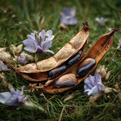Fototapeta premium Dried beans in pods, nestled in grass with flowers