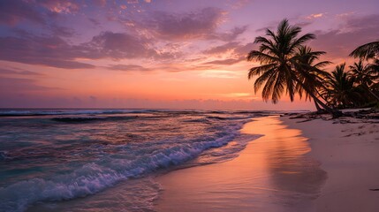 Serene ocean waves washing onto a sandy shore under a spectacular purple and orange sunset sky with silhouetted palm trees