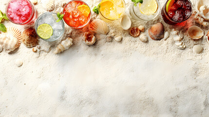 Colorful tropical cocktails with lime and mint on beach sand surrounded by seashells create refreshing summer vibe