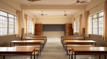 Bright Classroom Interior with Empty Desks and Blackboard, Ready for Students, Representing Education