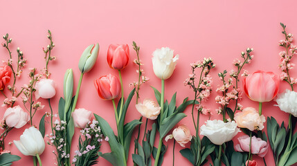 Beautiful flat lay of spring flowers, including tulips and cherry blossoms, arranged on pastel pink background, creating fresh and vibrant display