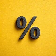 Close up of a textured sparkling percentage sign on a bright yellow background symbolizing discounts and sales