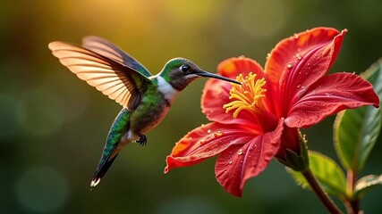 Tiny hummingbird sips nectar from a vibrant red flower in warm golden sunlight. - Powered by Adobe