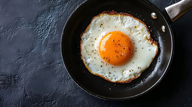 Perfectly cooked sunny side up egg with bright yolk and crispy edges in black frying pan on textured dark background