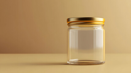 Clear glass jar with metallic lid is displayed against neutral background, showcasing realistic lighting and reflections. jar simplicity and elegance make it ideal for various uses