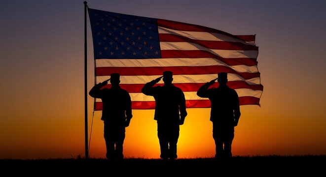 Veterans Day. National holiday of the USA. Soldier of USA. Silhouette of three soldiers saluting the American flag during sunset.