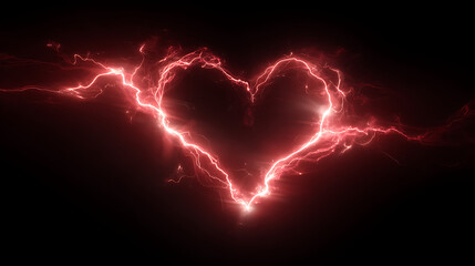Electric heart shape illuminated by vibrant red lightning against a dark background