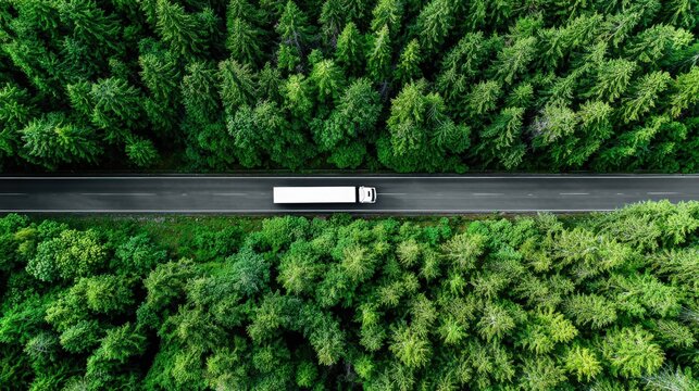 Fototapeta Aerial View of White Truck Driving on Road Through Lush Green Forest Landscape
