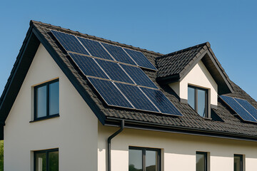 Panneaux solaires sur le toit d’une maison moderne – Ciel bleu clair et photographie d’architecture écologique