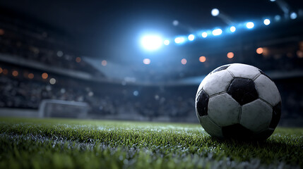 A close-up view of a soccer ball on the grass in a dimly lit stadium during a match