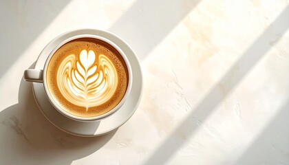 A cappuccino with latte art, bathed in sunlight, evokes a sense of warmth and tranquility. The coffee sits on a saucer