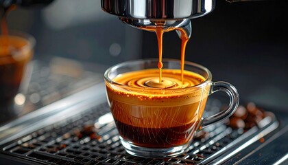 The aromatic concept of a perfect espresso shot being freshly pulled from a professional coffee maker, filling a glass cup with rich, golden crema