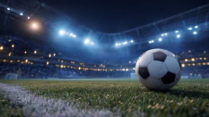 A close-up of a soccer ball on a vibrant field during a night match with stadium lights illuminating