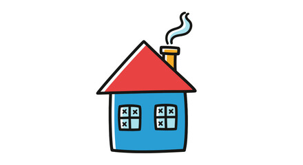 A simple blue cartoon house with a red roof and smoke coming from the chimney illustrated on a black background