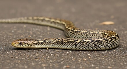 Fototapeta premium Checkered Garter Snake basking on a warm surface.