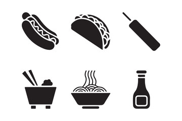 Collection of six black silhouette icons representing various food items