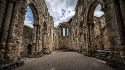 Naklejka premium Ruin Interior with Arches: Architectural Heritage and Historical Site with Dramatic Sky
