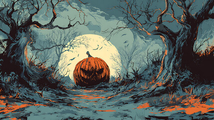 Spooky Halloween scene featuring a large carved pumpkin under a full moon with eerie trees