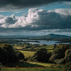 Vast landscape, lake, clouds, hills