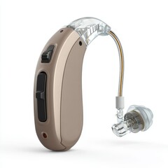 Modern beige behind the ear hearing aid with transparent earbud and wire on white background