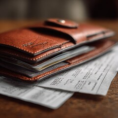Close up of a brown leather wallet filled with cards and receipts resting on a wooden table