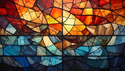 A vibrant and dynamic stained glass design with a rich palette of warm and cool colors.