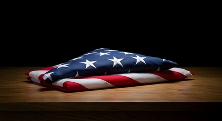 Veterans Day. National holiday of the USA. Soldier of USA. Folded American flag resting on a wooden surface against a dark background.