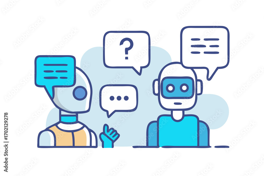 Wall mural robots communicating with speech bubbles and question marks