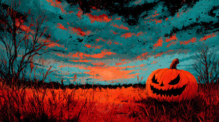 Spooky Halloween landscape featuring a grinning pumpkin under a dramatic twilight sky