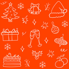 Christmas doodle ink element seamless pattern. Hand drawn garland, flute, gift, Santa hat decoration symbol. Vector illustration.	