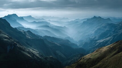 Naklejka premium A majestic and serene view of layered blue mountain ranges disappearing into a misty valley under a dramatic cloudy sky
