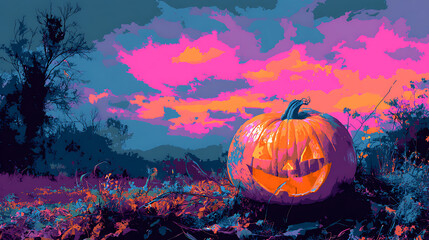 A vibrant Halloween scene featuring a glowing jack-o'-lantern against a colorful sunset sky