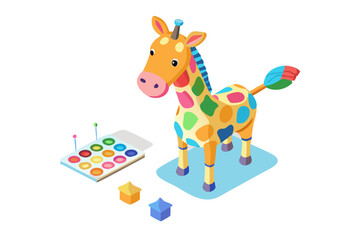 Naklejka premium Colorful toy giraffe with paint palette and blocks