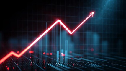 Ascending Data: A dynamic digital representation of growth, featuring a vibrant red arrow boldly charting an upward trajectory against a backdrop of data visualizations. - Powered by Adobe