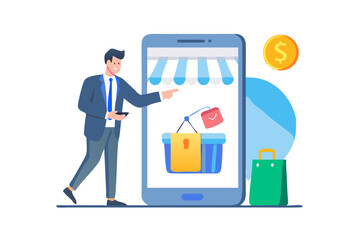 Man pointing at smartphone showing online store with shopping basket and bags