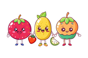 Cute cartoon strawberry, potato, and guava characters holding hands