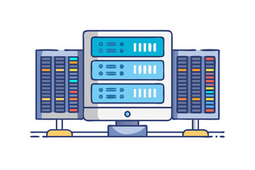 Fototapeta premium Modern server rack with multiple computers and network equipment