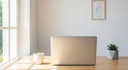 Laptop on wooden desk next to window with natural light and plant.