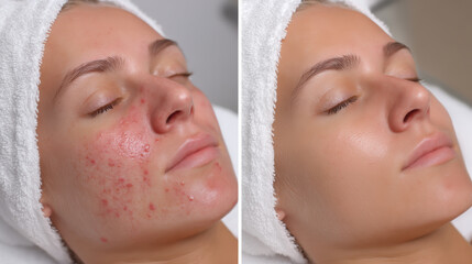 Woman face skin treatment before after acne laser therapy