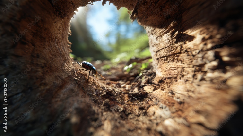 Poster close up view of beetle crawling through hollowed out tree trunk, showcasing intricate details of wo