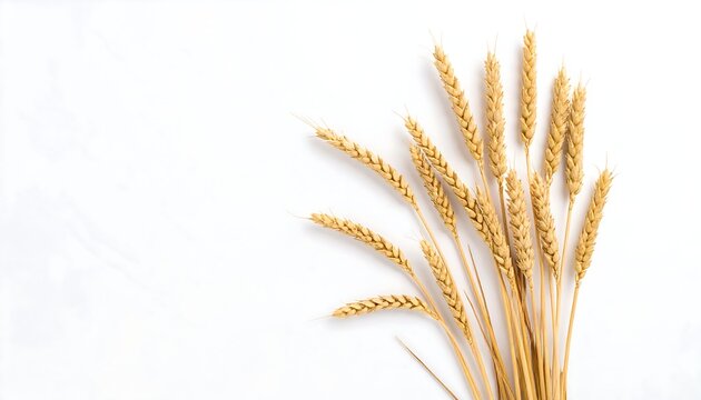 Golden wheat sprigs arranged on a white surface