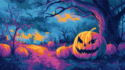Spooky Halloween Night with Glowing Pumpkins and Eerie Trees Under a Colorful Sky